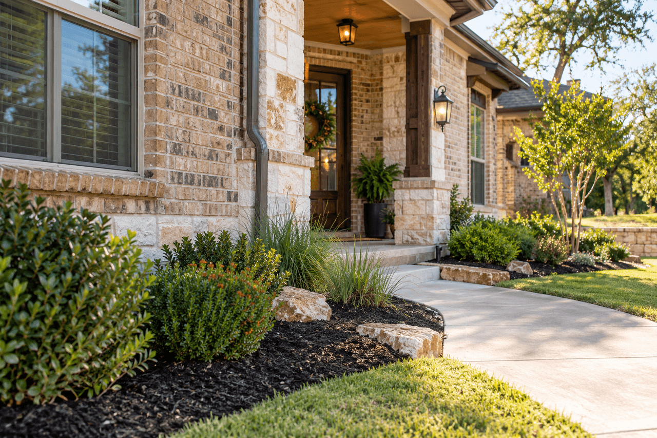 Brick home entrance with landscaped garden beds and a clean front walkway.